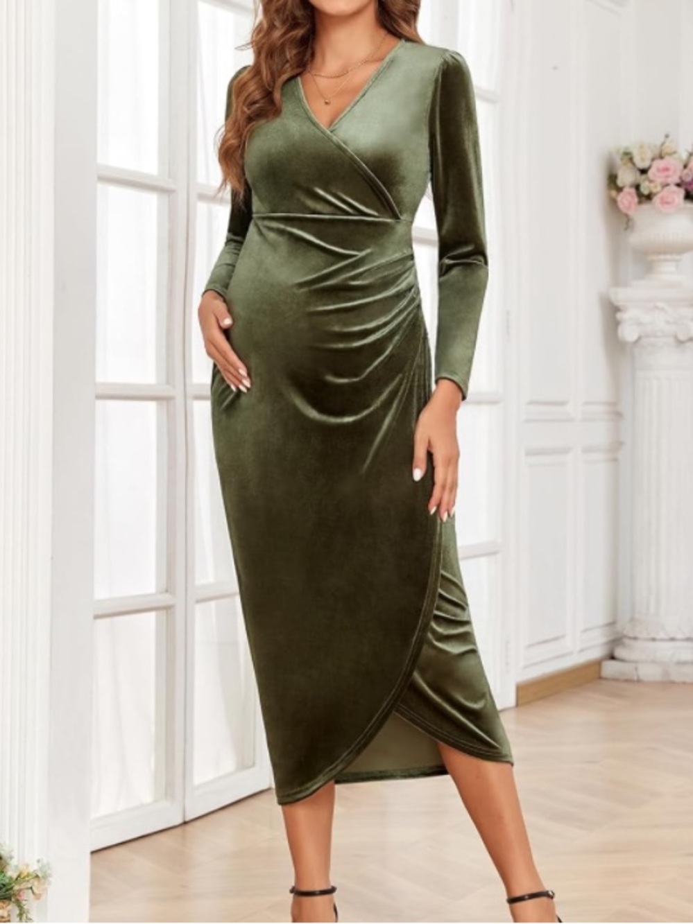 AISWI Velvet Maternity Cocktail Dress Long Sleeves Pregnancy V Neck,Olive Green - Picture 4 of 7